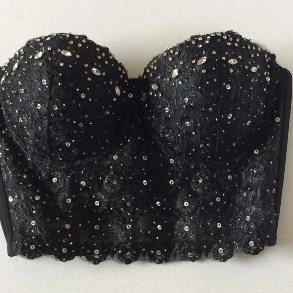 Black Sequined Bra Top w/ Removable Straps Medium